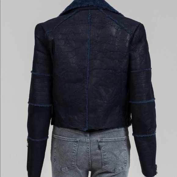 J BRAND Aiah Lambskin Leather Moto Jacket Genuine Shearling Trim Washed Navy - Picture 3 of 11